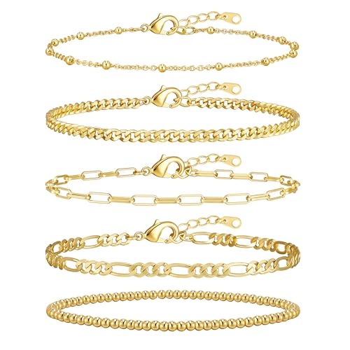 adoyi Gold Bracelets for Women, 14K Gold Plated Stackable Bracelet Stack Set Adjustable Charm Paperclip Chain Cuban Link Layered Waterproof Jewelry Sets Gifts for Womens - color: Gold 7.2 IN Large Wrist
