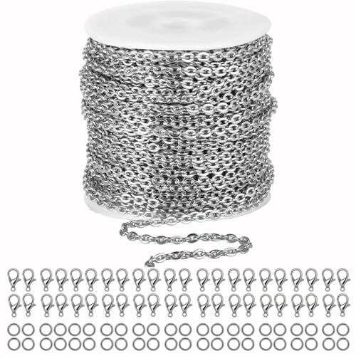 55ft Cable Link Chain for Jewelry Making,Stainless Steel O-Shaped Chain with 100 Pcs Jump Rings and Lobster Clasps For Keychain DogTag,Silver Plated Necklace Chains for jewellery DIY Craft (0.8*3*4mm) - color: 0.8x3x4mm-55FT & 100pcs Clasps+Rings
