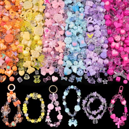 400-450PCS TINKRSTUFF Assorted Acrylic Beads 6 Mixed Series Cute Beads for Bracelet Making, Bow Aesthetic GummyBear Flower Butterfly Kawaii Charms for Jewelry Making DIY Necklace Keychain Phone Charm - color: 6 Color Series-Pink+Blue+Purple+Yellow+Rose Pi