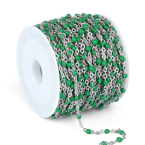33 Feet Stainless Steel Enamel Chains Bulk, 2mm 304 Stainless Steel Green Enamel Beaded Cable Link Chain Roll Spool for Jewelry Making - color: Stainless Steel Green Beads