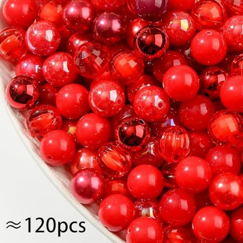 20mm Acrylic Beads 120pcs Red Chunk Bubblegum Bead 20mm Multicolor Beadable Pen Ball Beads for Pen Bag Jewelry Making Necklace Bracelets (red) - color: red