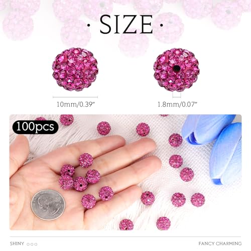 100 Pcs Fuchsia Rhinestone Beads for Jewelry Making, Sparkle Crystal Clay Christmas for Bracelet Baseball Necklace Earring Crafting and DIY, Shiny Round Shamballa Disco Ball Beads Bulk - color: Fuchsia, size: 100 pcs