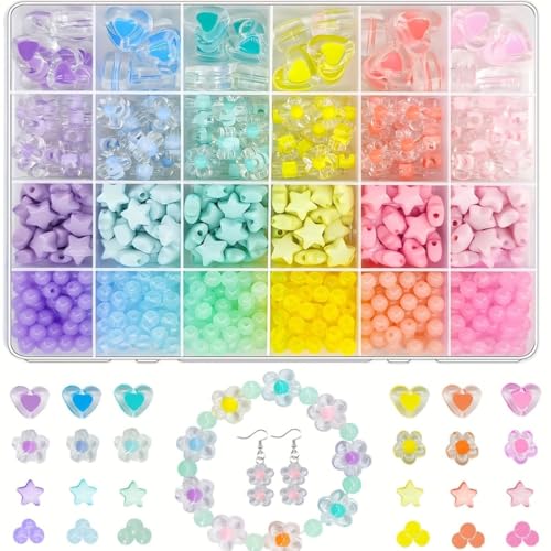 420 Adorable Acrylic Beads Set - Cute Mixed Shape Stars, Hearts, Flowers and Round Beads for DIY Jewelry, Hair Accessories and Crafts