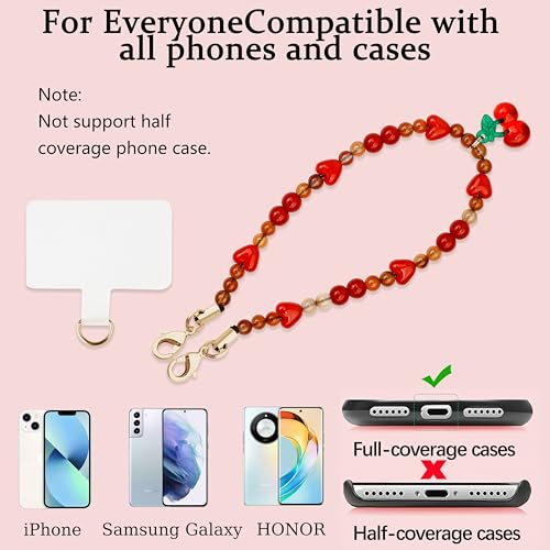 Marble Beaded Phone Wrist Strap,Detachable Phone Bracelet Strap with Tether Tab,Hands-Free Wristlet Strap (Sweet Cherries) - color: Sweet Cherries