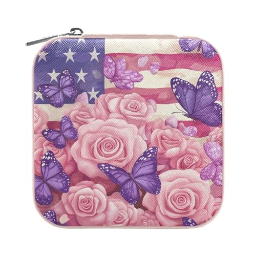 Travel Jewelry Case Jewelry Box Organizer for Women Girls Man Small Mini Portable Jewelry Storage Box for Earring Ring Necklace July 4th Pink Roses and Purple Butterflies Pink - color: July 4th Pink Roses and Purple Butterflies