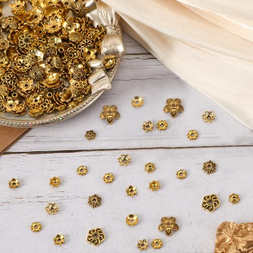 FEBSNOW Spacer Beads Caps, About 160Pcs Antique Gold Flower Beads Caps Bali Style Jewelry Making Metal Bead Caps for DIY Bracelet Necklace Earrings Making - color: Ancient Gold