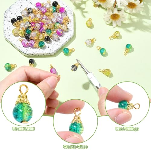 Ipotkitt 100 Pcs Crackle Glass Round Bead Charms Colorful Drop Crystal Bead Charms Mini Dangle Beads for Jewelry Making DIY Necklace Earring Accessory - color: 100pcs-Crackle Glass Charms-15~15.5mm