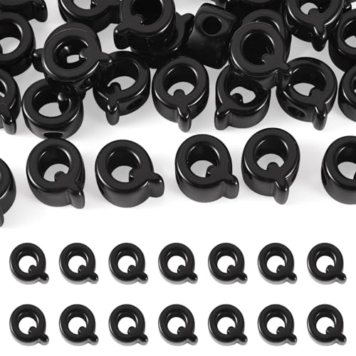 30Pcs Large Hole Letter Beads Black Acrylic European Beads 3D Letters Q Chunky Bead Initial Alphabet Bead for Key Chains Bracelets Necklace DIY Craft Bag Charm Kit Arts Projects - color: Black-Q