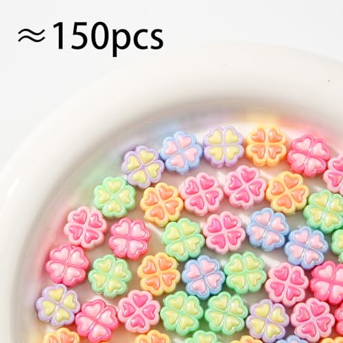 150pcs Clover Beads Ab Color Acrylic Bead Cute Beads for Jewelry Making Handmade DIY Bracelet, Charms Keychain Craft Supplies (Clover) - color: clover