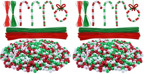 Livder Christmas Beaded Ornament Kit, Include 1000 Pieces Red Green White Plastic Beads, 60 Pieces Chenille Stems, 64 Feet Ribbon for Xmas Wreath Tree Decorations DIY Crafts Jewelry Making (Pack of 2) - size: Small (Pack of 2)