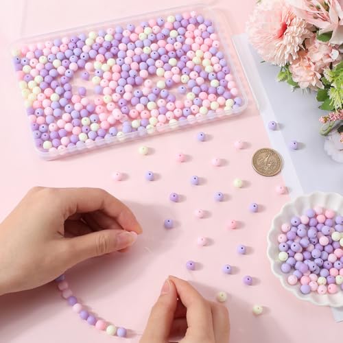 1 Box 500Pcs Matte Round Beads 8mm Opaque Acrylic Beads Bulk Frosted Lilac Small Ball Rubberized Imitated Silicone Bubblegum Smooth Loose Bead for Jewelry Making Bracelets Necklace DIY Craft - color: Lilac
