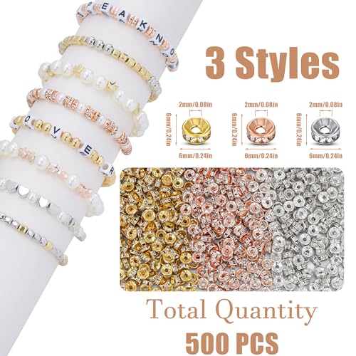 XIANNVXI 500PCS 6mm Rhinestone Rondelle Spacer Beads for Jewelry Making - Loose Beads for Bracelets & Necklaces (Gold, Silver, Rose Gold) - color: Rhinestones 3 colors