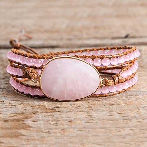YGLINE Women Boho Handmade Natural Stone Crystal Leather Bead Wrap Bracelets Collection - color: Rose Quartz-3w