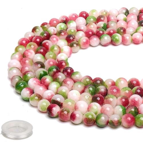 70PCS Natural 8MM Healing Gemstone, Watermelon Tourmaline Energy Stone Round Loose Beads, Semi-Precious Crystal Beads with Free Elastic String for Jewelry Making DIY - color: Watermelon Tourmaline
