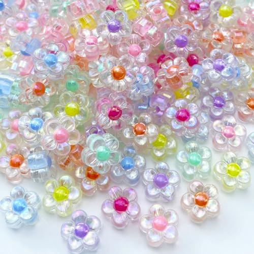 150Pcs Acrylic Flower Beads Candy Color Transparent Plastic Pastel Spacer Beads with Hole for DIY Crafts Wind Chimes Suncatcher Necklaces Bracelets Earrings Jewelry Making(AB Mixed Color) - color: AB Mixed Color