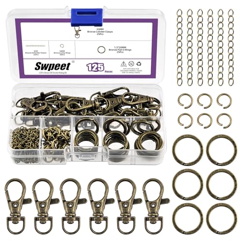 Swpeet 125Pcs Bronze Keychain Making Set, 25Pcs Swivel Lanyard Snap Hook, 25P Keychain Ring, 25P Extender Chains, 50P Open Jump Rings, Swivel Lobster Clasps, Keychains Clips - color: Qinggu