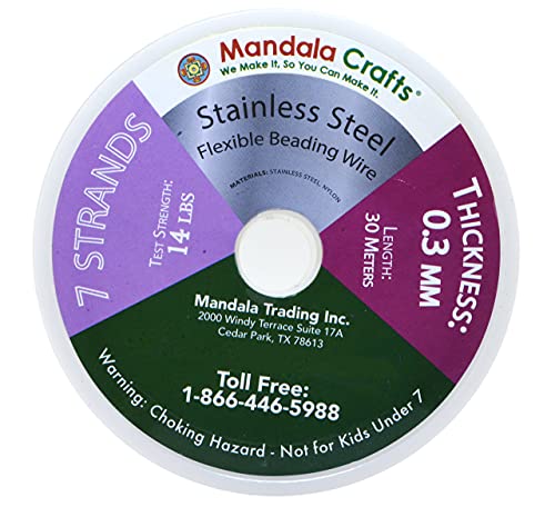 Mandala Crafts 7 Strand Beading Wire for Jewelry Making - 98 FT 28 Gauge Stainless Steel Braided Tiger Tail Wire for Bead Stringing - size: 7 Strands 28 Gauge 0.3MM 98FT