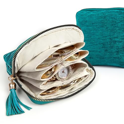 LOTOFUN Jewelry Organizer Case for Travel: 5-Layer Velvet Zipper Pouch Bag for Bangles Link Bracelets Storage Protect from Tangle Scratch (Peacock Blue) - color: Peacock Blue