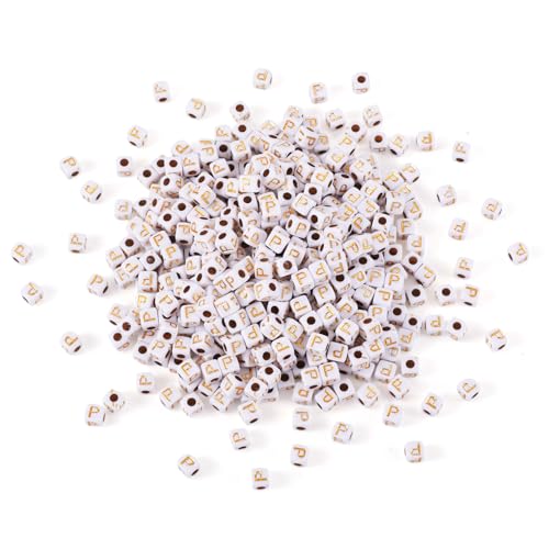 FASHEWELRY 500Pcs White Golden Letter Beads 4.5mm Square Alphabet Beads Acrylic Cube Letter P Beads for Friendship Bracelet Necklace Keychains Jewelry Making - color: Letter P