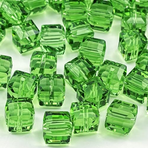 50pcs 10mm Crystal Glass Cube Beads Square Glass Beads Crystal Spacer Beads for Bracelets Necklace Earring DIY Jewelry Making Craft(Grass Green) - color: Grass Green, size: 10mm
