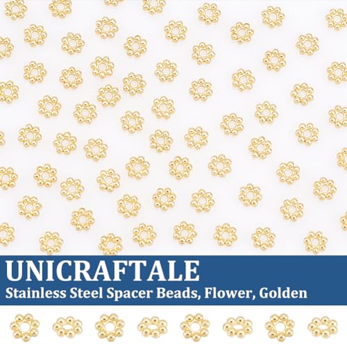 UNICRAFTALE 80pcs Stainless Steel Spacer Beads Flower Spacer Beads Mini Metal Beads Golden Daisy Beads Flower Shaped Loose Beads Accessories for Bracelets Necklaces Jewelry Making - size: 3mm