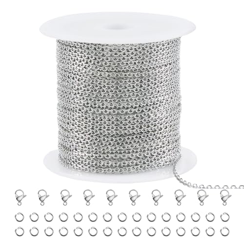 SMYHTGLIF 10 Meters Stainless Steel Jewelry Making Chains Silver Cable Rolo Chain with Lobster Clasps and Jump Rings for Jewelry Making - color: Rolo Silver