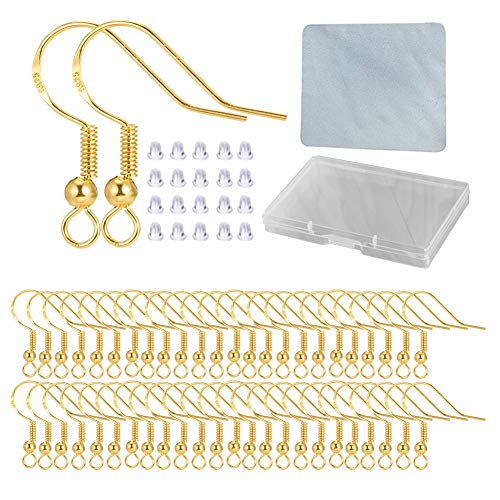 Hypoallergenic Gold Earring Hooks - 120 pcs/60 Pairs 18k Gold Nickel Free Ear Wires Fish Hooks for Jewelry Making, Jewelry findings Parts with 120 pcs Rubber Earring Backs Stopper for DIY Earrings - color: Regular 18K Gold 1