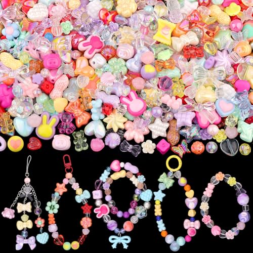 200-260PCS TINKRSTUFF Assorted Mixed Colors Acrylic Beads for Bracelet Making,Cute Beads for Jewelry Making Flower Bow Butterfly GummyBear Aesthetic Bracelet Charms,DIY Necklace Keychain Phone Charm - color: MIXED COLORS