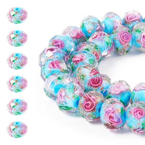 Elecrelive 60Pcs Gold Sand Lampwork Beads Rondelle Flower Glass Beads 10mm Sky Blue Floral Crystals for DIY Bracelet Necklace Earring Jewelry Making - color: Deep Sky Blue