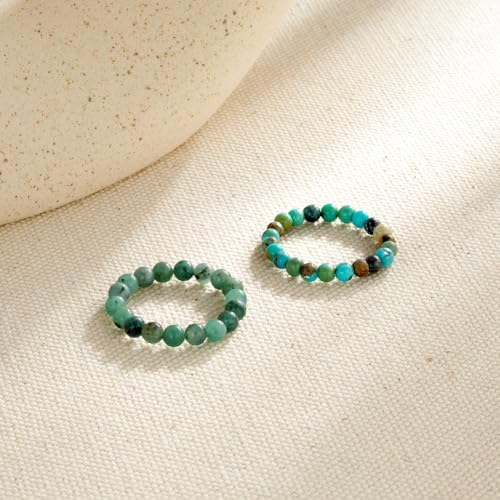 NLIEO Natural Gemstone Stretch Beaded Rings for Women Stackable Dainty Elastic Crystal Rings Jewelry - style: Turquoise