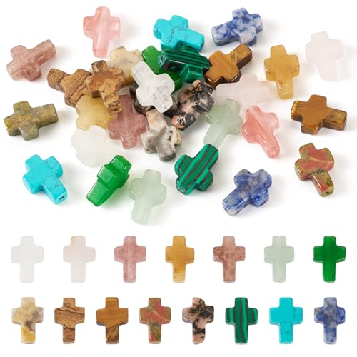 Beadthoven 30pcs Gemstone Cross Beads Small Stone Cross Spacer Beads Healing Crystal Jesus Crucifix Beads Natural Synthetic Gemstone Beads for Jewelry Making Necklace Bracelet Easter Beads Supplies - color: 0Cross Multicolor