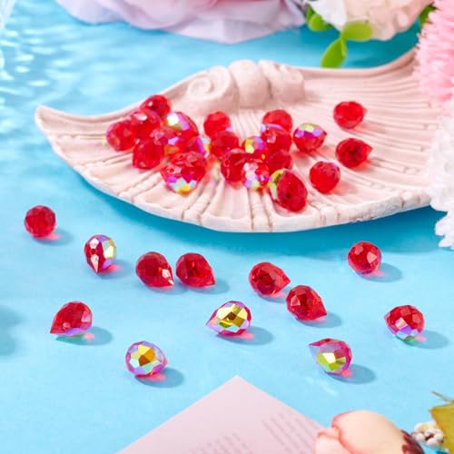 Beadthoven 50pcs Red Crystal Teardrop Glass Beads Faceted Suncatcher Beads for Jewelry Making Briolette Tear Drop Pendants Top Drilled Crystal Prism Spacers for DIY Necklace Bracelet Earring Christmas - color: Red
