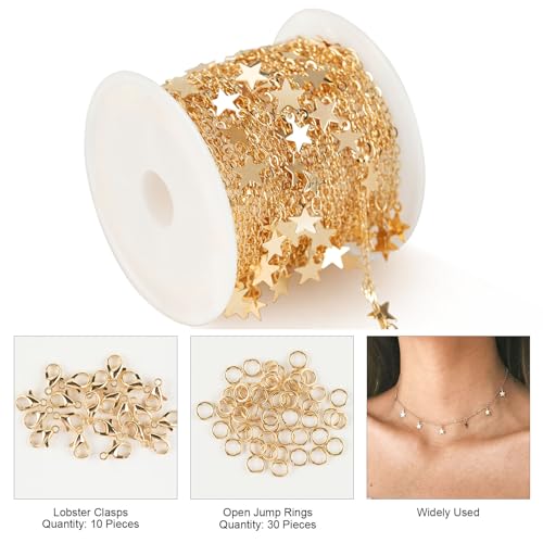 Kyutong 5 Meters Gold Chain for Jewelry Making Dangling Star Cable Chain Links Women Necklace Chain Bulk with Lobster Clasps Jump Rings for Jewelry Making Supplies - color: Gold Star