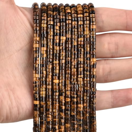 300pcs Natural Tiger Eye Heishi Spacer Beads 2x4mm Genuine Real Disc Stone Beading DIY Charm Smooth Loose Gemstone Beads for Jewelry Making Bracelets Necklaces Earrings Crafts - color: Yellow Tiger Eye