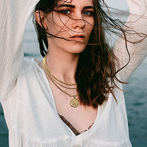 LANE WOODS Gold Plated Necklaces for Women - Multilayer Coin Medallion Pendant Necklace Adjustable Layering Choker Necklaces Chain Set Jewelry - style: Coin Medallion-Gold