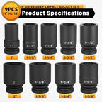 1" Drive Jumbo Impact Socket Set,9 PCS SAE (1",1-1/8",1-1/4",1-3/8",1-1/2",1-5/8",1-3/4",1-7/8",2") Universal Hex Deep Socket Combination,CR-MO Alloy Steel,Heavy Duty Storage Case - size: 1 Inch 9-Piece