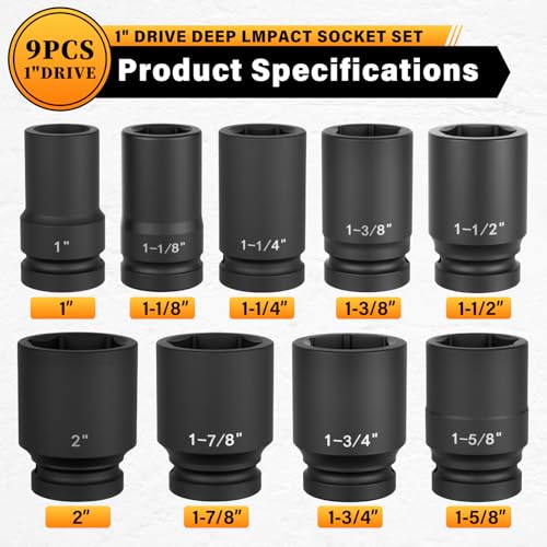 1" Drive Jumbo Impact Socket Set,9 PCS SAE (1",1-1/8",1-1/4",1-3/8",1-1/2",1-5/8",1-3/4",1-7/8",2") Universal Hex Deep Socket Combination,CR-MO Alloy Steel,Heavy Duty Storage Case - size: 1 Inch 9-Piece