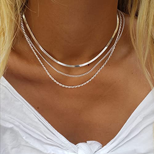 Freekiss Women's Layered Necklace Set - 3 Piece Dainty Gold Jewelry for Everyday Stacking | 14K Gold Plated Snake Chain, Rope Chain, Cuban Chain | Adjustable Length 14-18.5 Inch | Gift Ready - color: Silver, style: 3Snake+Rope+Cuban
