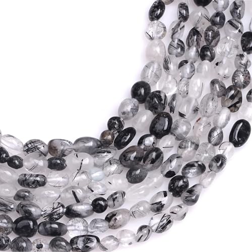 HAAMIIQII Natural Black Rutilated Quartz Crystal Pebble Stone 5-8mm Small Irregular Freeform Tumbled Loose Gemstone Beads for Jewelry Making Strand 15 Inch (45-50pcs) - color: Black Rutilated Quartz
