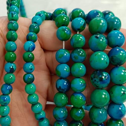 124Pcs (2 Strand/Set) 6mm Azurite Smooth Round Beads AAA Grade Premium Round Gemstone Real Stone Loose Beads for DIY Bracelet Jewelry String Making - color: Blue Green, size: 6mm
