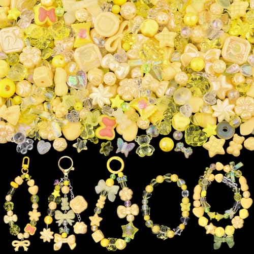 200-260PCS TINKRSTUFF Assorted Acrylic Beads Yellow Cute Beads for Bracelet Making, Bow Aesthetic GummyBear Flower Candy Butterfly Kawaii Charms for Jewelry Making DIY Necklace Keychain Phone Charm - color: Yellow