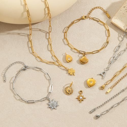Swyabi 20 PCS Paperclip Chain Bracelet Necklace Kit Stainless Steel Charm Bulk Chains with Extender for DIY Jewelry Making Supplies Accessories (Gold + Steel） - color: 4x12mm Gold Silver
