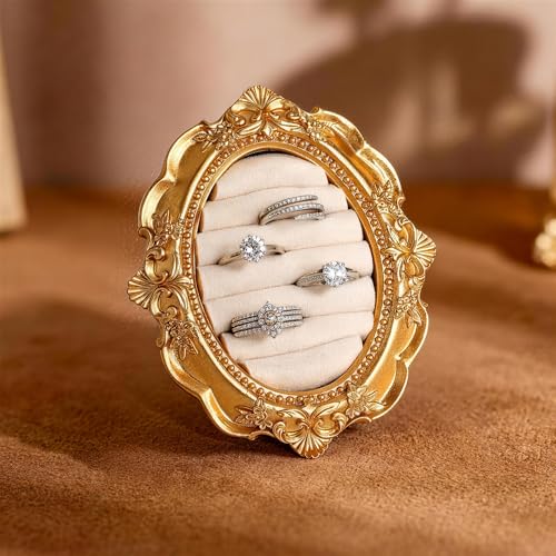 Vintage Ring Holder Rectangle Gold Velvet Display Stand - Baroque Jewelry Organizer Box Tray for Wedding Engagement Anniversary Women Birthday Christmas Gift Photograph Prop (MPF05-White) - color: MPF05-White