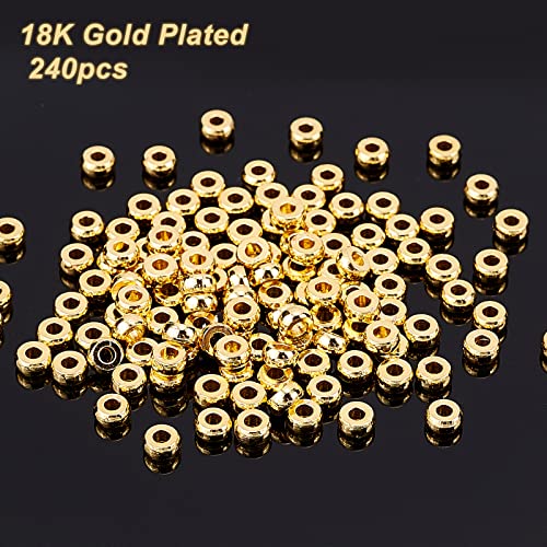 PH PandaHall 240pcs 18K Gold Disc Sapcer Beads, 4mm Flat Round Beads Heishi Rondelle Bead Solid Brass Bead Metal Spacers for Summer Stackable Necklace Bracelet Jewelry Making - size: 4mm