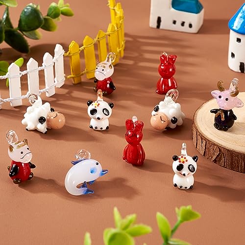 FASHEWELRY 12Pcs Animals Lampwork Glass Charms Cute Lampwork Penadants Cartoon Cattle Panda Rabbit Dolphin Sheep Charms for DIY Bracelet Jewelry Making - color: Animals Set