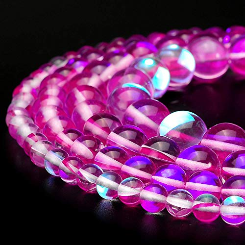 RUBYCA Round Moonstone Crystal Glass Beads Aura Iridescent for Jewelry Making (1 Strand, 8mm, Pink) - color: Fuchsia, size: 8mm
