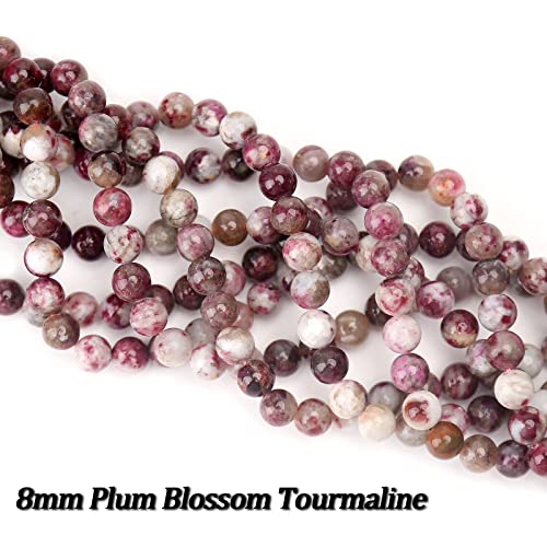 70PCS Natural 8MM Healing Gemstone, Plum Blossom Tourmaline Energy Stone Round Loose Beads, Semi-Precious Crystal Beads with Free Elastic String for Jewelry Making DIY - color: Plum Blossom Tourmaline