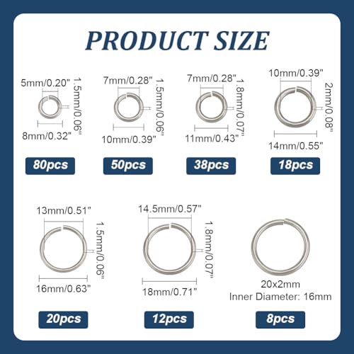 PH PandaHall 226pcs 7 Sizes 304 Stainless Steel Open Jump Rings 8/10/11/14/16/18/20mm Large O Rings Round Jump Rings Jewelry Connector Rings for Keychain Necklaces Jewelry Making, 15/13/12 Gauge