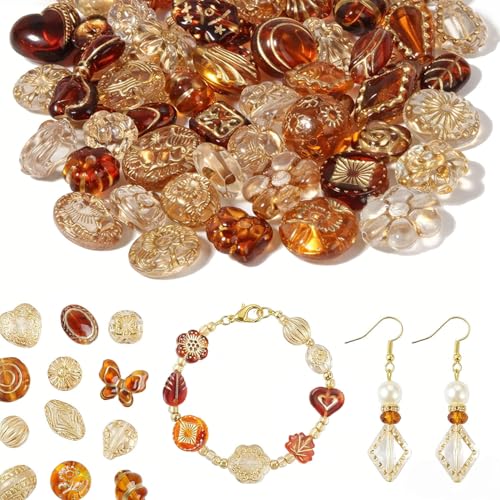 120-160Pcs Assorted Kawaii Aesthetic Beads 100G Vintage Bohemian Acrylic Bead in Bulk Round Oval Butterfly Flower Czech Style Beads Jewelry Making Bracelet Necklace DIY Craft (Brown & Clear White) - style: Brown & Clear White