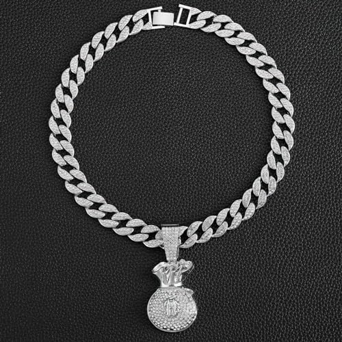 Ice Out Chain for Men Premium Zircon Stones Hypoallergenic Durable Hip-Hop Streetwear Chain Necklace Men - color: Silver, style: Dollars Bag